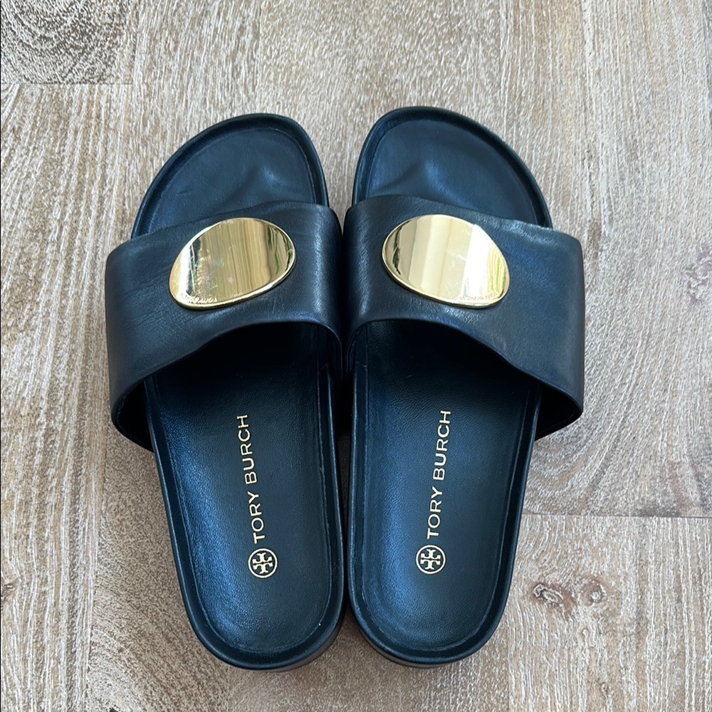 Tory Burch Black Slides with Gold Accent